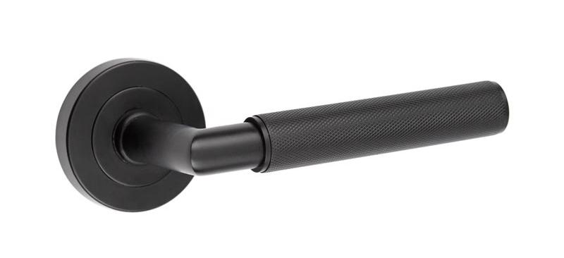 Mitred Knurled Matt Black Designer Lever on Rose